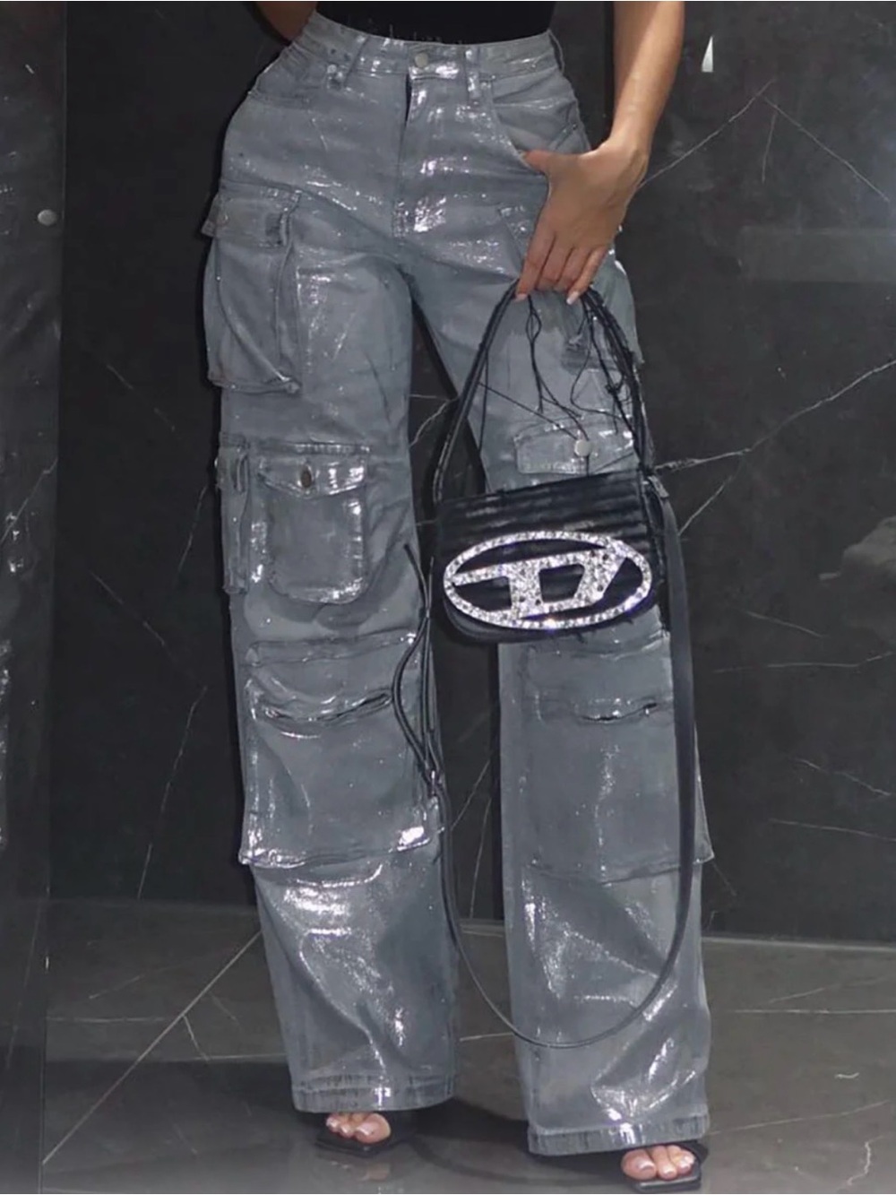 Shiny Gray Cargo Pants with Black Logo Shoulder Bag